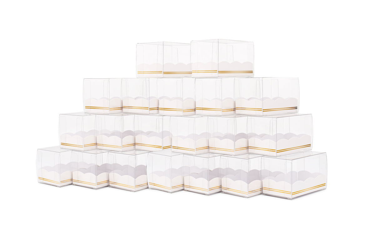 Macaron Boxes for Macaron Packaging, 20 Pack 2 x 2 x 3 Inch Wedding Gift  Boxes with Shell Gold Foil Design Clear Boxes for Party Favors
